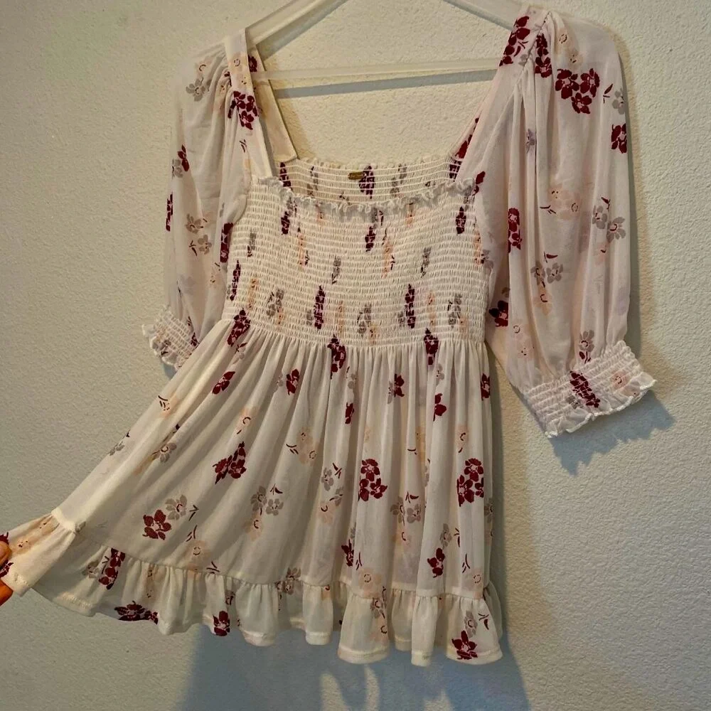 Free People Delta Dawn Floral‎ Mesh Babydoll Top Size Small